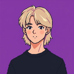 A pixel art image of a teenage boy with medium-long hair and a defined jawline, wearing a black t-shirt