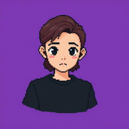 A pixel art image of a teenage boy with medium-long hair and a defined jawline, wearing a black t-shirt