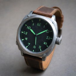 A nuclearpunk style wristwatch, epitomizing post-apocalyptic aesthetics. The dial looks like a radiation detector with its glow-in-the-dark numeric indicators. The casing is made from weathered metal, with a rugged leather strap, symbolizing survival amidst nuclear fallout.