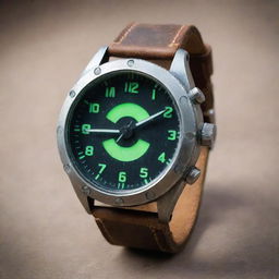 A nuclearpunk style wristwatch, epitomizing post-apocalyptic aesthetics. The dial looks like a radiation detector with its glow-in-the-dark numeric indicators. The casing is made from weathered metal, with a rugged leather strap, symbolizing survival amidst nuclear fallout.