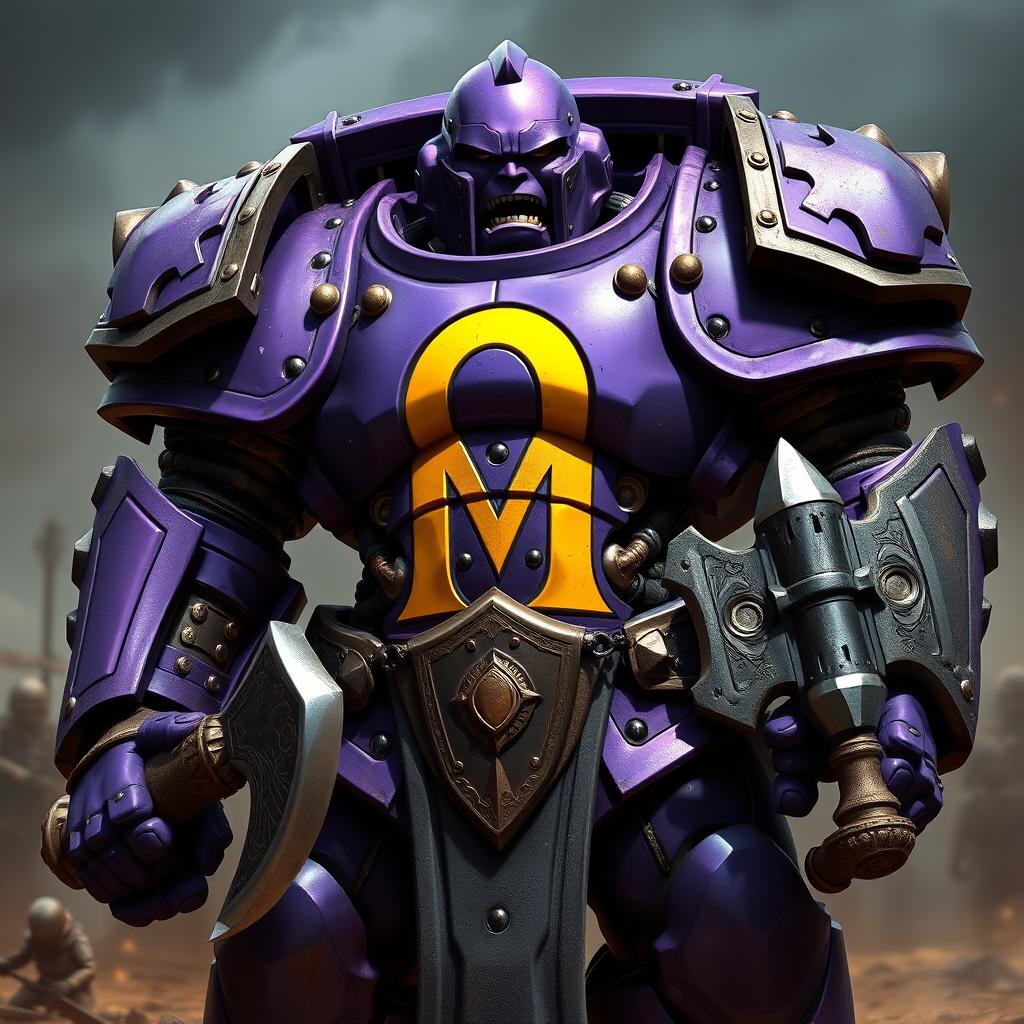 A large, imposing Warforged character featuring intricate purple armor, highlighted by a striking arched yellow letter 'M' prominently displayed on the chest plate