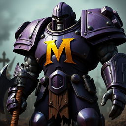 A large, imposing Warforged character featuring intricate purple armor, highlighted by a striking arched yellow letter 'M' prominently displayed on the chest plate