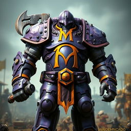 A large, imposing Warforged character featuring intricate purple armor, highlighted by a striking arched yellow letter 'M' prominently displayed on the chest plate