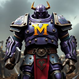 A large, imposing Warforged character featuring intricate purple armor, highlighted by a striking arched yellow letter 'M' prominently displayed on the chest plate