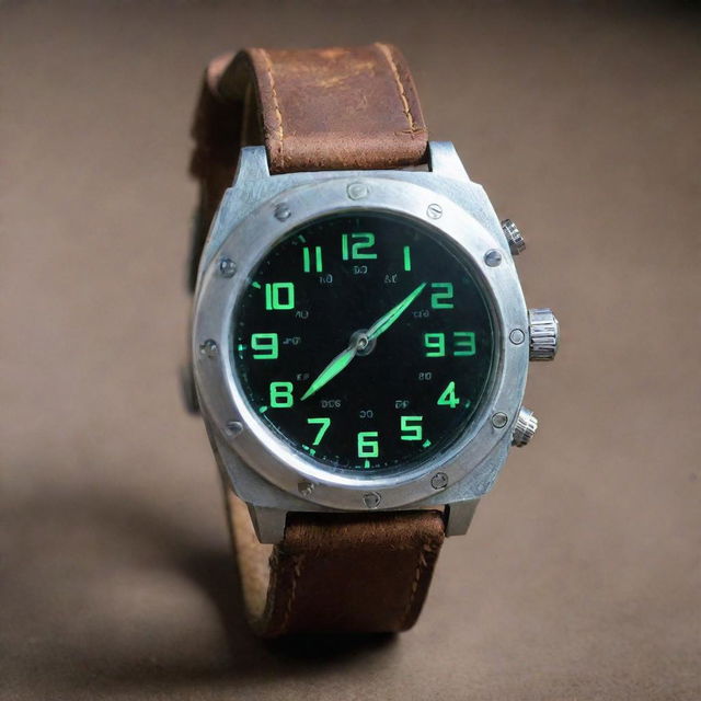 A nuclearpunk style wristwatch, epitomizing post-apocalyptic aesthetics. The dial looks like a radiation detector with its glow-in-the-dark numeric indicators. The casing is made from weathered metal, with a rugged leather strap, symbolizing survival amidst nuclear fallout.