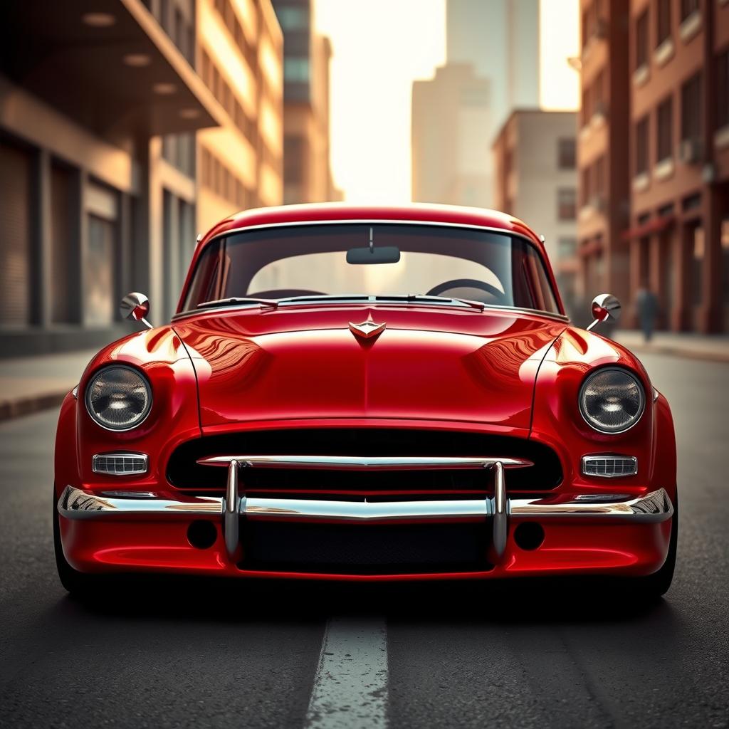 A stunning fusion of a red 1953 Chevrolet Bel Air Sport and a futuristic BMW avant-garde design, showcasing a custom hood with a widebody style