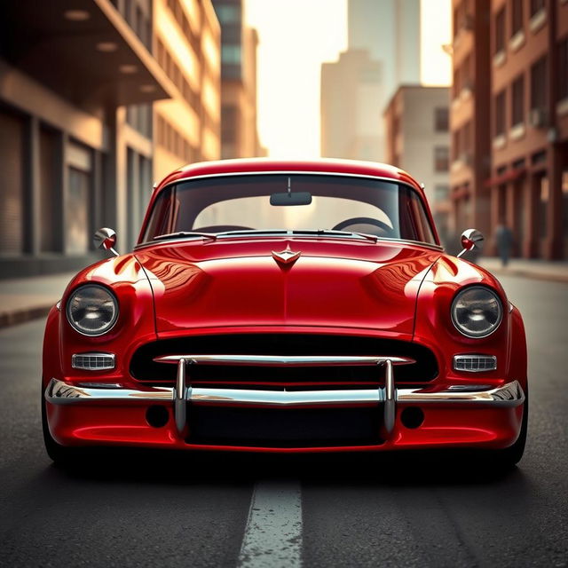 A stunning fusion of a red 1953 Chevrolet Bel Air Sport and a futuristic BMW avant-garde design, showcasing a custom hood with a widebody style