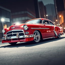 A stunning fusion of a red 1953 Chevrolet Bel Air Sport and a futuristic BMW avant-garde design, showcasing a custom hood with a widebody style