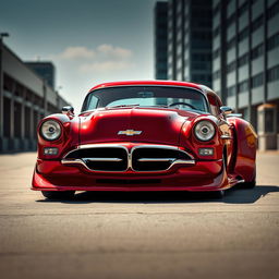 A stunning fusion of a red 1953 Chevrolet Bel Air Sport and a futuristic BMW avant-garde design, showcasing a custom hood with a widebody style