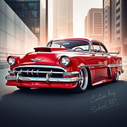 A stunning fusion of a red 1953 Chevrolet Bel Air Sport and a futuristic BMW avant-garde design, showcasing a custom hood with a widebody style