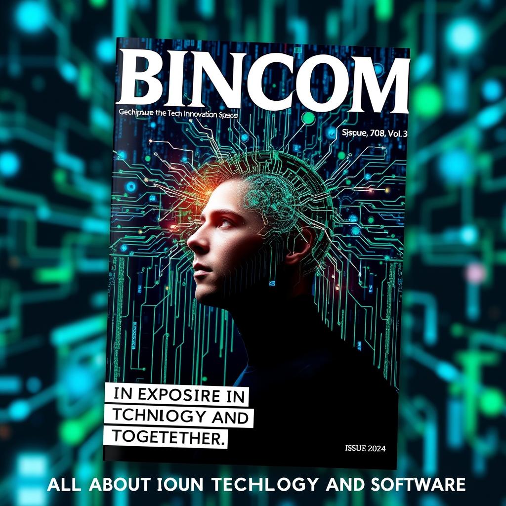 A striking and modern magazine cover design featuring a person undergoing a transformation into a digital avatar, surrounded by swirling data streams and lines of code