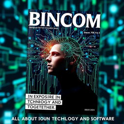 A striking and modern magazine cover design featuring a person undergoing a transformation into a digital avatar, surrounded by swirling data streams and lines of code