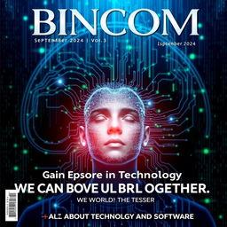 A striking and modern magazine cover design featuring a person undergoing a transformation into a digital avatar, surrounded by swirling data streams and lines of code