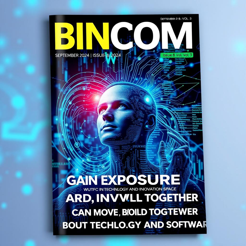 A striking and modern magazine cover design featuring a person undergoing a transformation into a digital avatar, surrounded by swirling data streams and lines of code