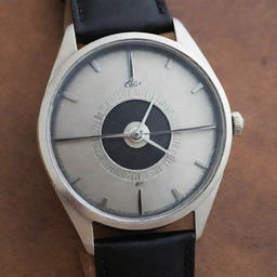 An atompunk styled wristwatch, channeling mid-century atomic age aesthetics. Visualize a futuristic 1960s design, with a dial depicting an atom model, enclosed in a polished stainless steel case, attached to a classic leather strap with contrast stitching.