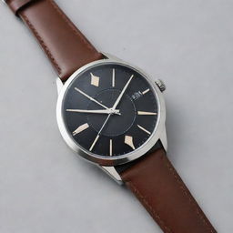 An atompunk styled wristwatch, channeling mid-century atomic age aesthetics. Visualize a futuristic 1960s design, with a dial depicting an atom model, enclosed in a polished stainless steel case, attached to a classic leather strap with contrast stitching.