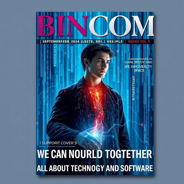 A realistic and professional magazine cover design depicting a person transforming into a digital avatar