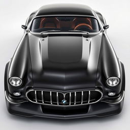 A stunning supercar that fuses the classic 1953 Chevrolet Bel Air Sport with a satin black finish and a custom hood designed in a widebody style, combined with futuristic BMW avant-garde elements