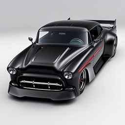 A stunning supercar that fuses the classic 1953 Chevrolet Bel Air Sport with a satin black finish and a custom hood designed in a widebody style, combined with futuristic BMW avant-garde elements