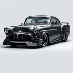 A stunning supercar that fuses the classic 1953 Chevrolet Bel Air Sport with a satin black finish and a custom hood designed in a widebody style, combined with futuristic BMW avant-garde elements