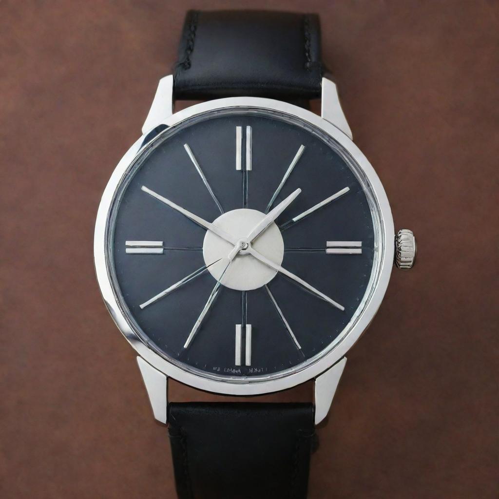 An atompunk styled wristwatch, channeling mid-century atomic age aesthetics. Visualize a futuristic 1960s design, with a dial depicting an atom model, enclosed in a polished stainless steel case, attached to a classic leather strap with contrast stitching.