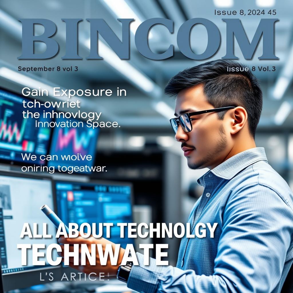 A realistic and professional magazine cover design featuring a highly skilled individual working in a modern tech space