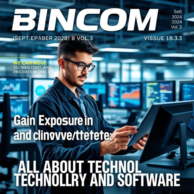 A realistic and professional magazine cover design featuring a highly skilled individual working in a modern tech space