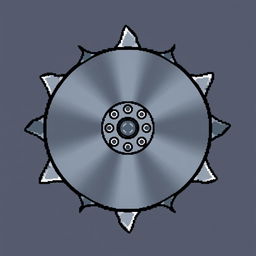 A symmetrical circular blade designed in pixel art style, showcasing sharp, evenly balanced edges