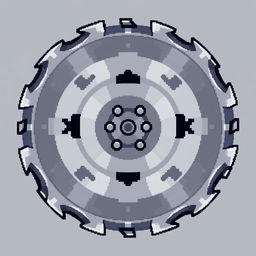 A symmetrical circular blade designed in pixel art style, showcasing sharp, evenly balanced edges