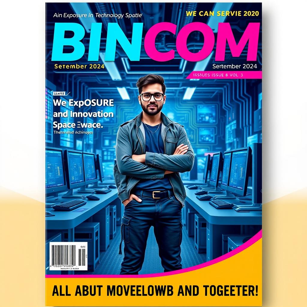 A vibrant and striking magazine cover design for 'BINCOM September 2024 | Issue 8 Vol 3'