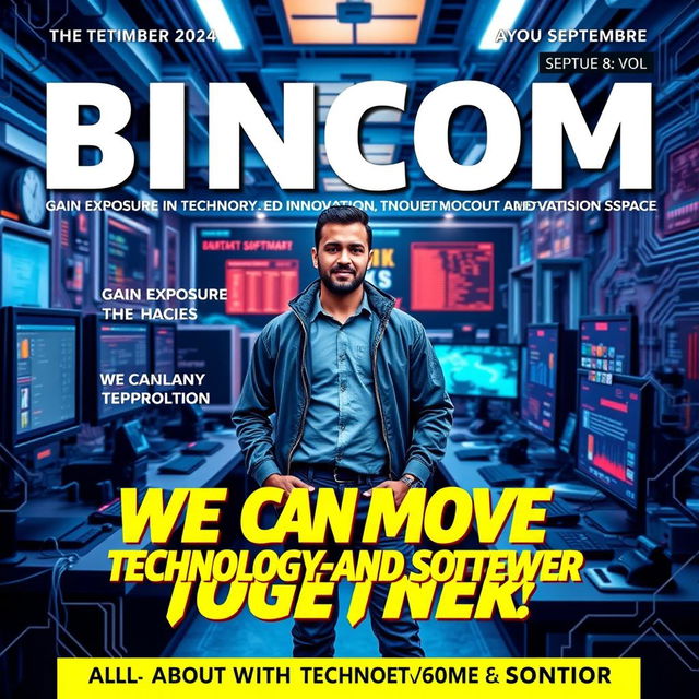 A vibrant and striking magazine cover design for 'BINCOM September 2024 | Issue 8 Vol 3'