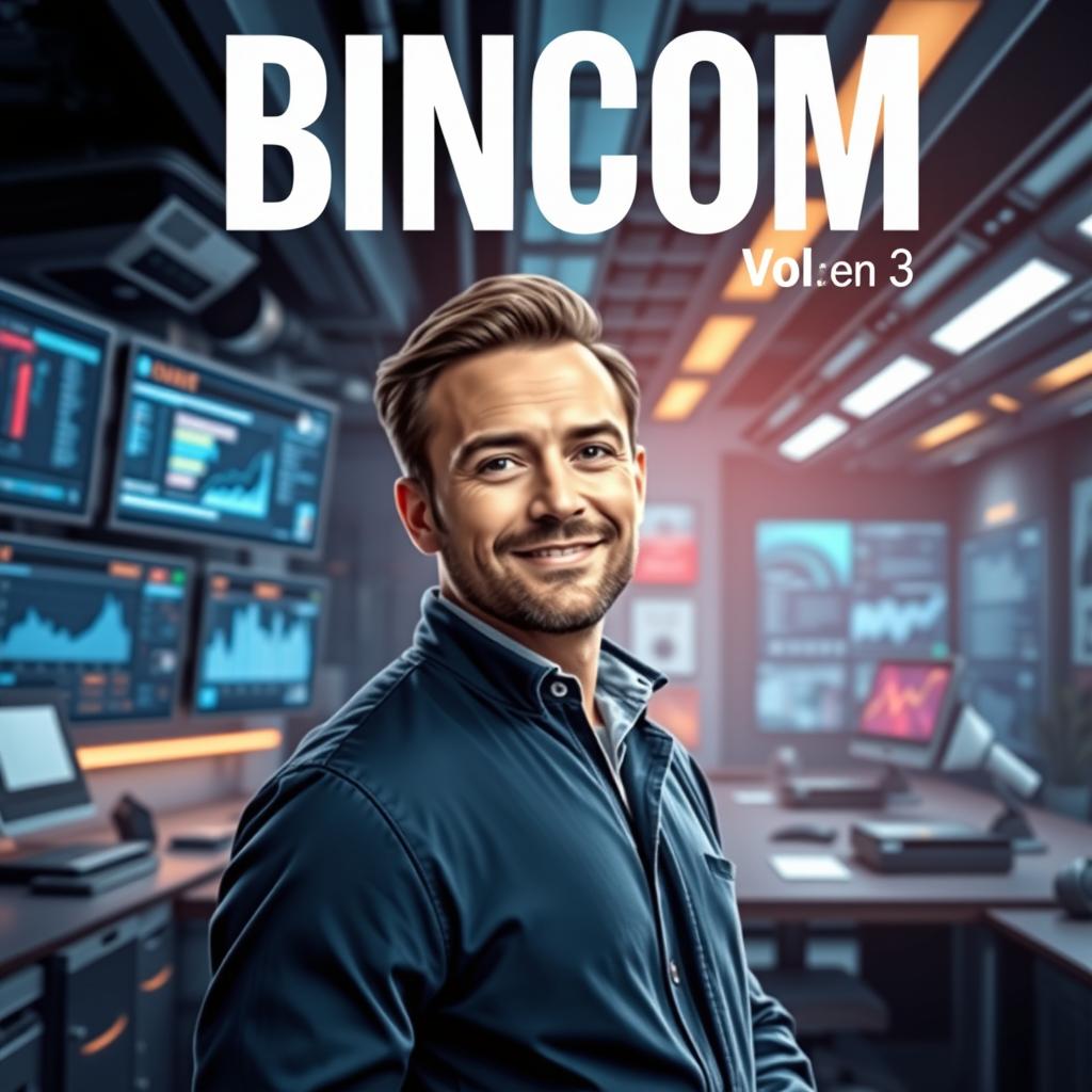 A realistic magazine cover design for "BINCOM" featuring a confident man in a tech space environment, surrounded by advanced technology like screens displaying data, futuristic gadgets, and a sleek office setting