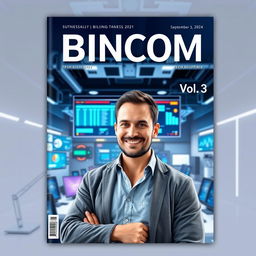 A realistic magazine cover design for "BINCOM" featuring a confident man in a tech space environment, surrounded by advanced technology like screens displaying data, futuristic gadgets, and a sleek office setting