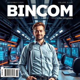 A realistic magazine cover design for "BINCOM" featuring a confident man in a tech space environment, surrounded by advanced technology like screens displaying data, futuristic gadgets, and a sleek office setting