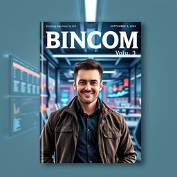 A realistic magazine cover design for "BINCOM" featuring a confident man in a tech space environment, surrounded by advanced technology like screens displaying data, futuristic gadgets, and a sleek office setting