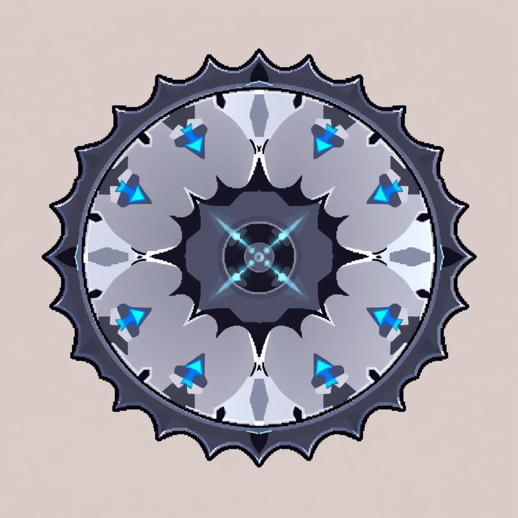 A symmetrical circular blade rendered in vibrant pixel art style