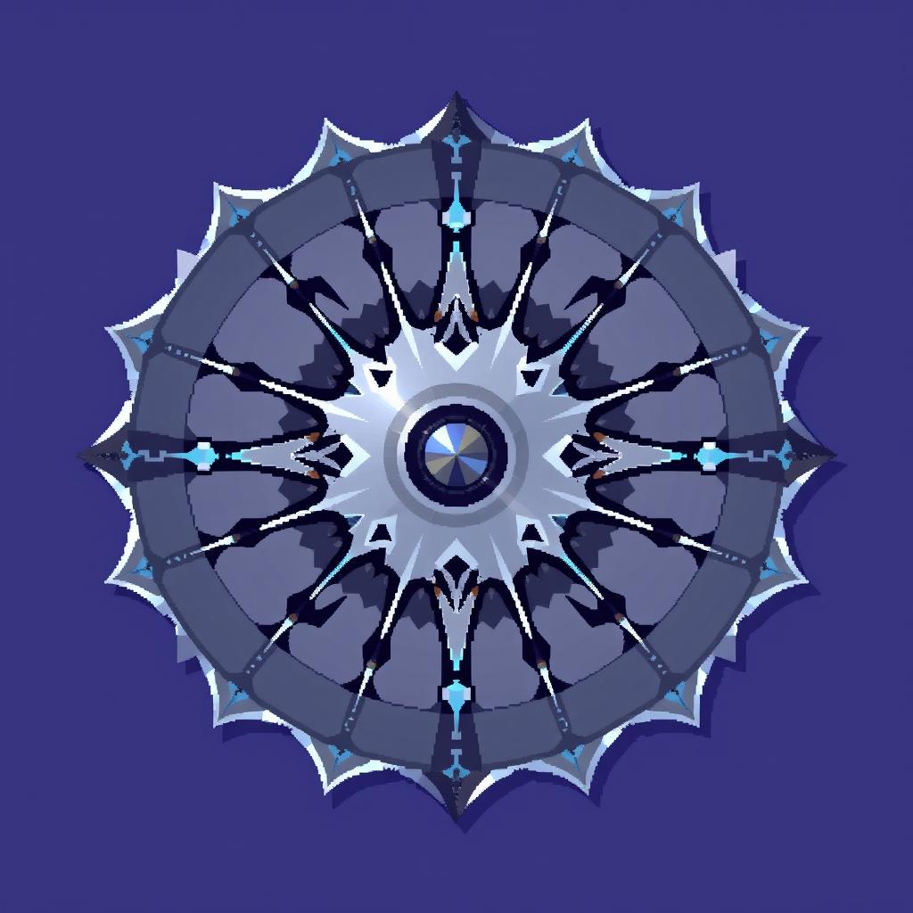 A symmetrical circular blade rendered in vibrant pixel art style