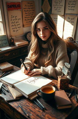 A beautiful young woman with an artistic flair, seated at a vintage wooden desk cluttered with notebooks and pens