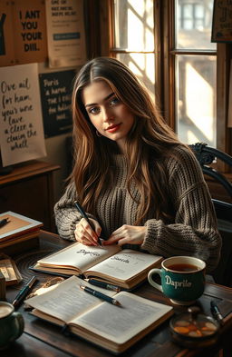 A beautiful young woman with an artistic flair, seated at a vintage wooden desk cluttered with notebooks and pens