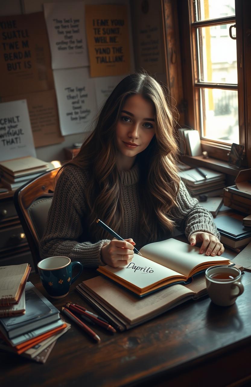 A beautiful young woman with an artistic flair, seated at a vintage wooden desk cluttered with notebooks and pens