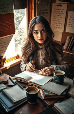 A beautiful young woman with an artistic flair, seated at a vintage wooden desk cluttered with notebooks and pens