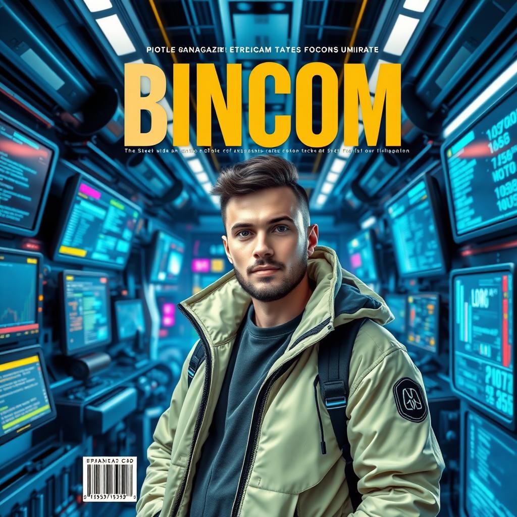 A realistic magazine cover design featuring a male figure in a tech space environment, surrounded by futuristic gadgets, screens showing data and code, and a sleek, modern aesthetic