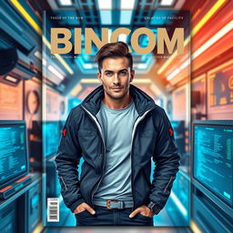 A realistic magazine cover design featuring a male figure in a tech space environment, surrounded by futuristic gadgets, screens showing data and code, and a sleek, modern aesthetic