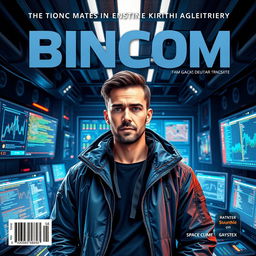 A realistic magazine cover design featuring a male figure in a tech space environment, surrounded by futuristic gadgets, screens showing data and code, and a sleek, modern aesthetic