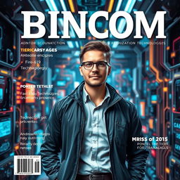 A realistic magazine cover design featuring a man in a tech space environment, showcasing cutting-edge technology and digital interfaces