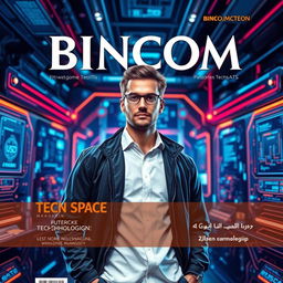 A realistic magazine cover design featuring a man in a tech space environment, showcasing cutting-edge technology and digital interfaces