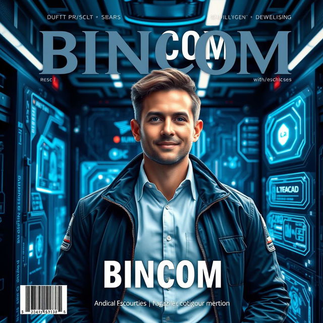 A realistic magazine cover design featuring a man in a tech space environment, showcasing cutting-edge technology and digital interfaces