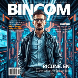 A realistic magazine cover design featuring a man in a tech space environment, showcasing cutting-edge technology and digital interfaces