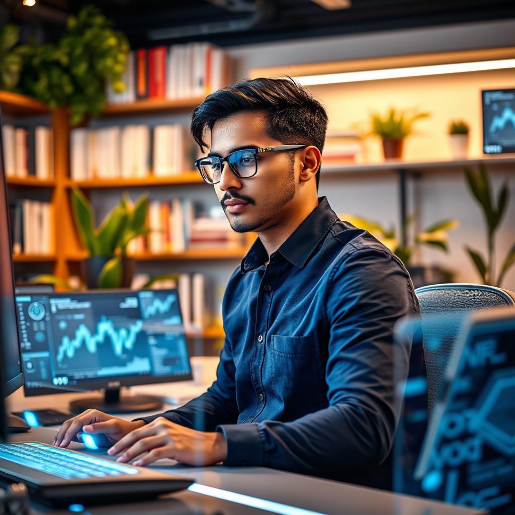 A focused man in a modern tech workspace, surrounded by high-tech gadgets and screens displaying complex data visualizations