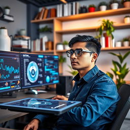 A focused man in a modern tech workspace, surrounded by high-tech gadgets and screens displaying complex data visualizations